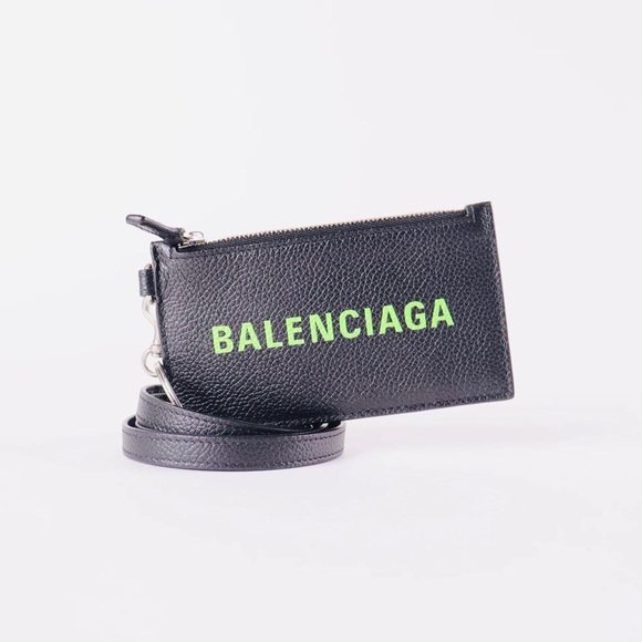 Balenciaga Cash Card Holder In Black Grained Calfskin Leather Green Logo 2021 - Picture 1 of 12